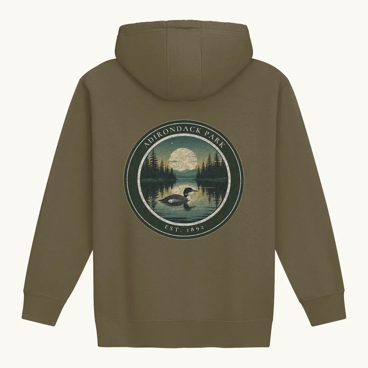 Loon at Night Hoodie in Military Green, back: a loon on a moonlit Adirondack lake in a round badge, Adirondack Park, Est. 1892.