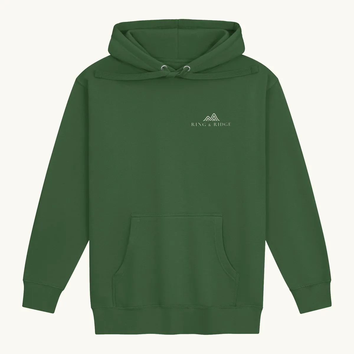 Loon at Night Hoodie in Forest Green, front: a loon on a moonlit Adirondack lake in a round badge, Adirondack Park, Est. 1892.