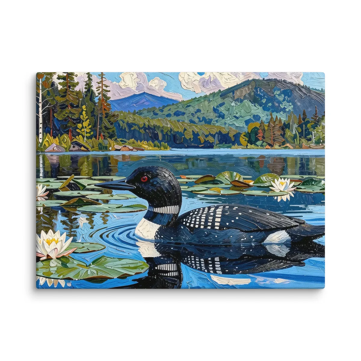 Loon in the Lily Pads as a 12 by 16 inch canvas: a common loon swimming among lily pads and white water lilies on a blue Adirondack lake, in bold oil-painting brushstrokes.