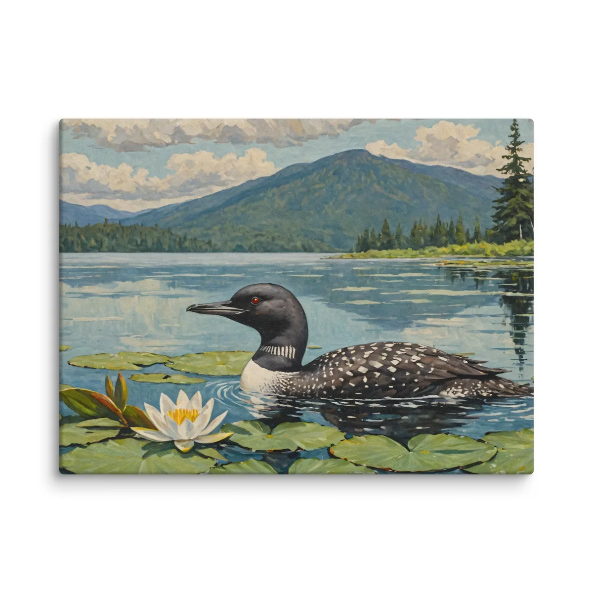 Loon in the Lily Pads as a 12 by 16 inch canvas: a common loon in summer plumage swimming slowly past green lily pads and a white water lily on a blue lake, with spruce, birch and a green mountain on the far shore, in soft, traditional oil brushwork.