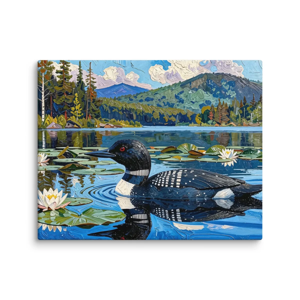 Loon in the Lily Pads as a 16 by 20 inch canvas: a common loon swimming among lily pads and white water lilies on a blue Adirondack lake, in bold oil-painting brushstrokes.
