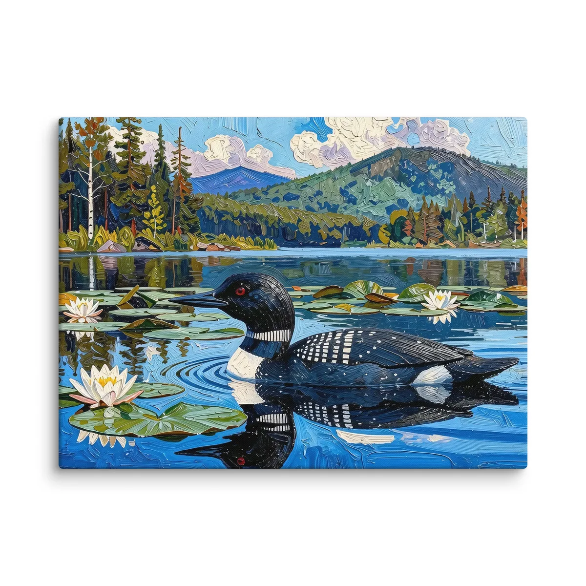 Loon in the Lily Pads as an 18 by 24 inch canvas: a common loon swimming among lily pads and white water lilies on a blue Adirondack lake, in bold oil-painting brushstrokes.