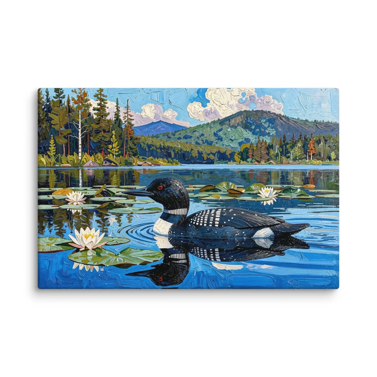 Loon in the Lily Pads as a 24 by 36 inch canvas: a common loon swimming among lily pads and white water lilies on a blue Adirondack lake, in bold oil-painting brushstrokes.