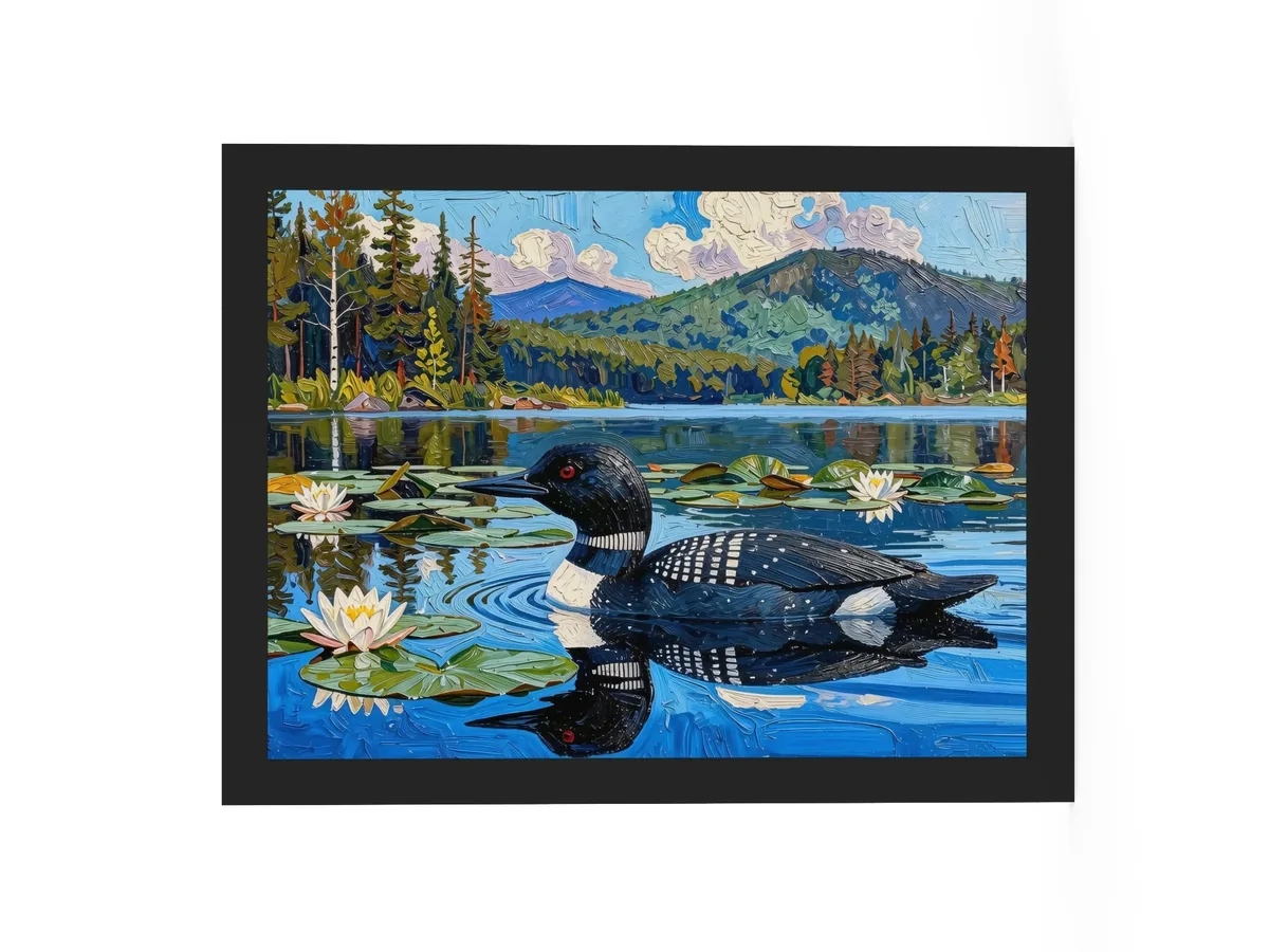 Loon in the Lily Pads as a 12 by 16 inch framed print in a black frame: a common loon swimming among lily pads and white water lilies on a blue Adirondack lake, in bold oil-painting brushstrokes.
