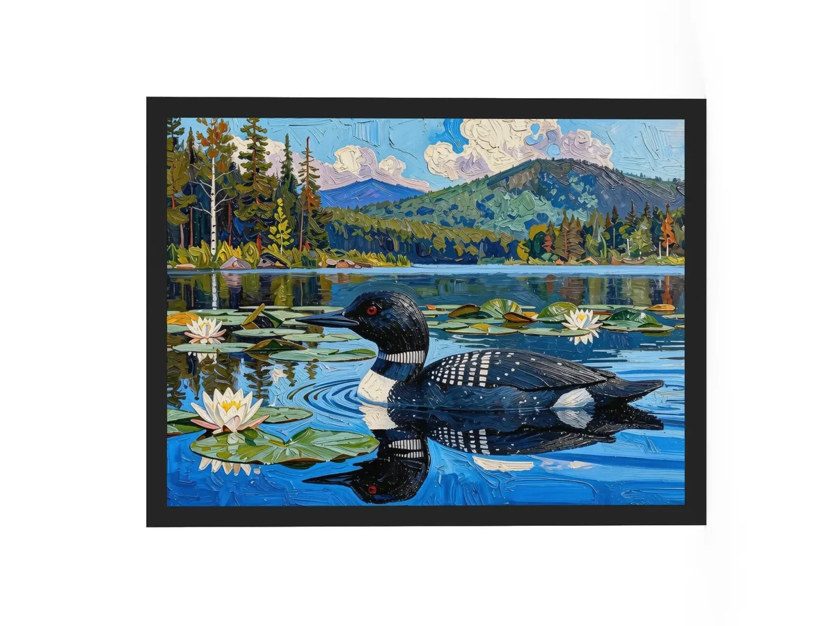 Loon in the Lily Pads as an 18 by 24 inch framed print in a black frame: a common loon swimming among lily pads and white water lilies on a blue Adirondack lake, in bold oil-painting brushstrokes.