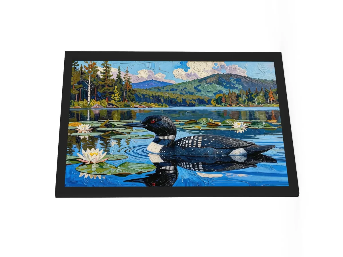 Loon in the Lily Pads as an 18 by 24 inch framed print in a black frame: a common loon swimming among lily pads and white water lilies on a blue Adirondack lake, in bold oil-painting brushstrokes.