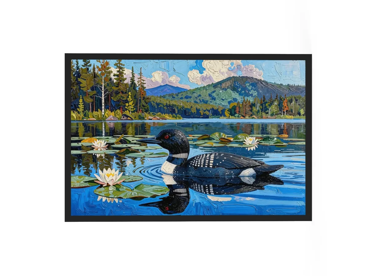 Loon in the Lily Pads as a 24 by 36 inch framed print in a black frame: a common loon swimming among lily pads and white water lilies on a blue Adirondack lake, in bold oil-painting brushstrokes.