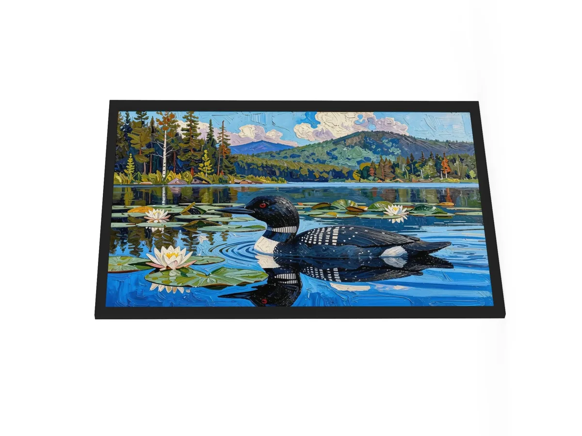 Loon in the Lily Pads as a 24 by 36 inch framed print in a black frame: a common loon swimming among lily pads and white water lilies on a blue Adirondack lake, in bold oil-painting brushstrokes.