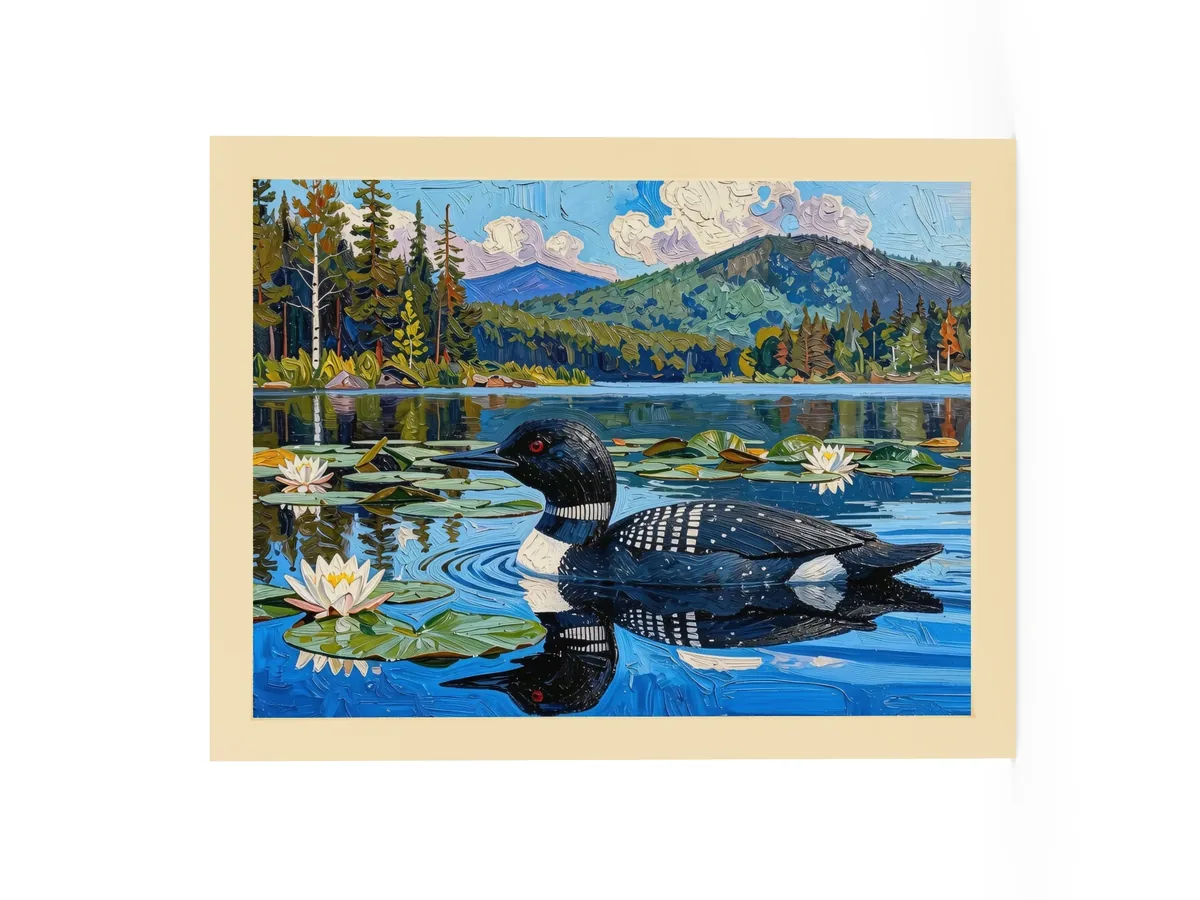 Loon in the Lily Pads as a 12 by 16 inch framed print in a natural wood frame: a common loon swimming among lily pads and white water lilies on a blue Adirondack lake, in bold oil-painting brushstrokes.
