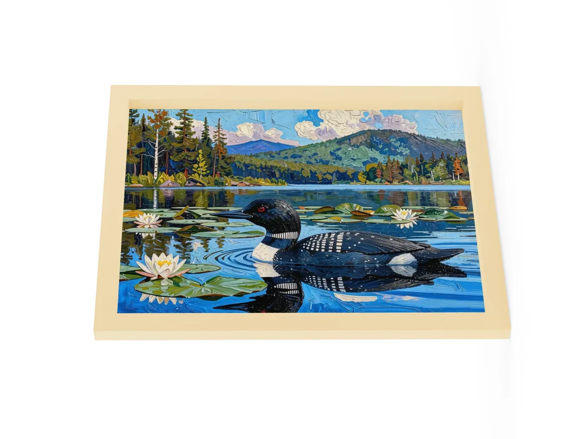 Loon in the Lily Pads as a 12 by 16 inch framed print in a natural wood frame: a common loon swimming among lily pads and white water lilies on a blue Adirondack lake, in bold oil-painting brushstrokes.