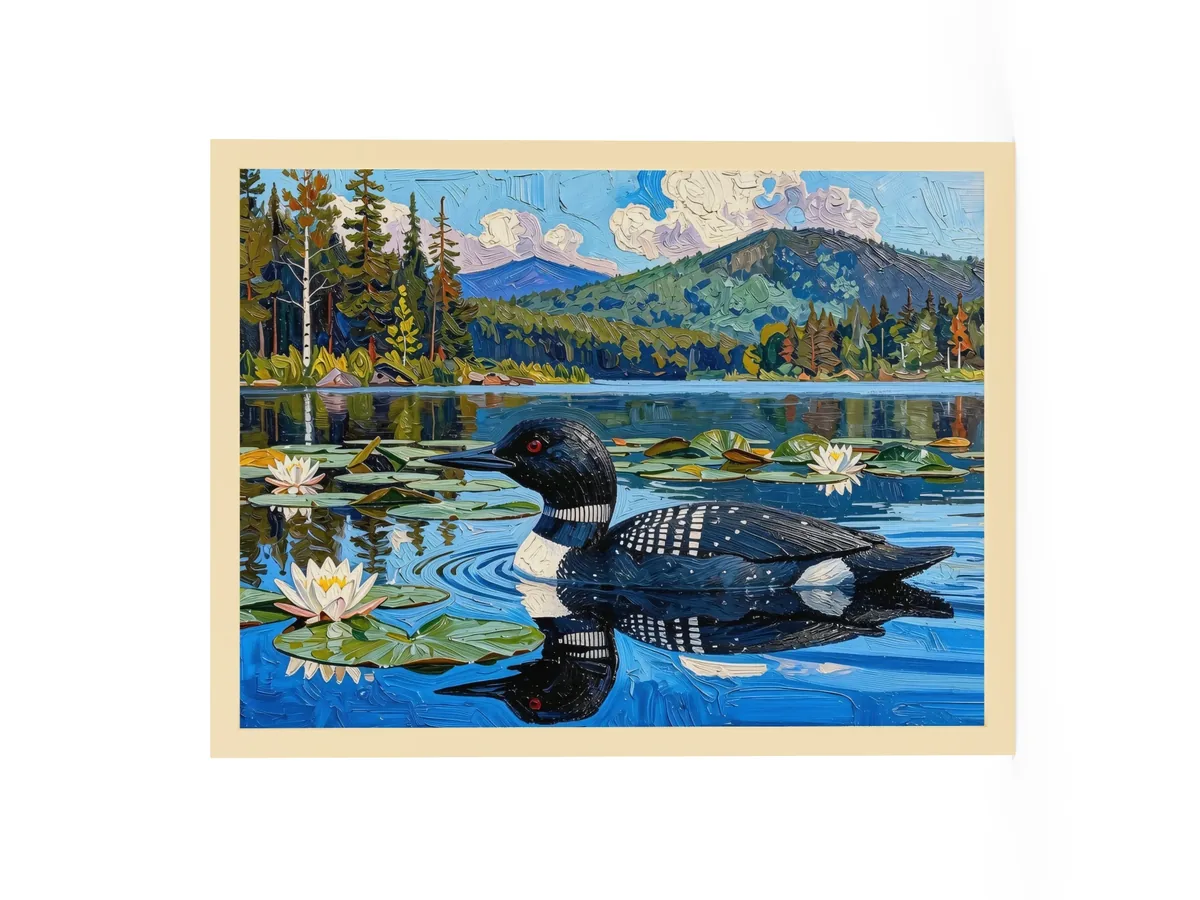 Loon in the Lily Pads as an 18 by 24 inch framed print in a natural wood frame: a common loon swimming among lily pads and white water lilies on a blue Adirondack lake, in bold oil-painting brushstrokes.