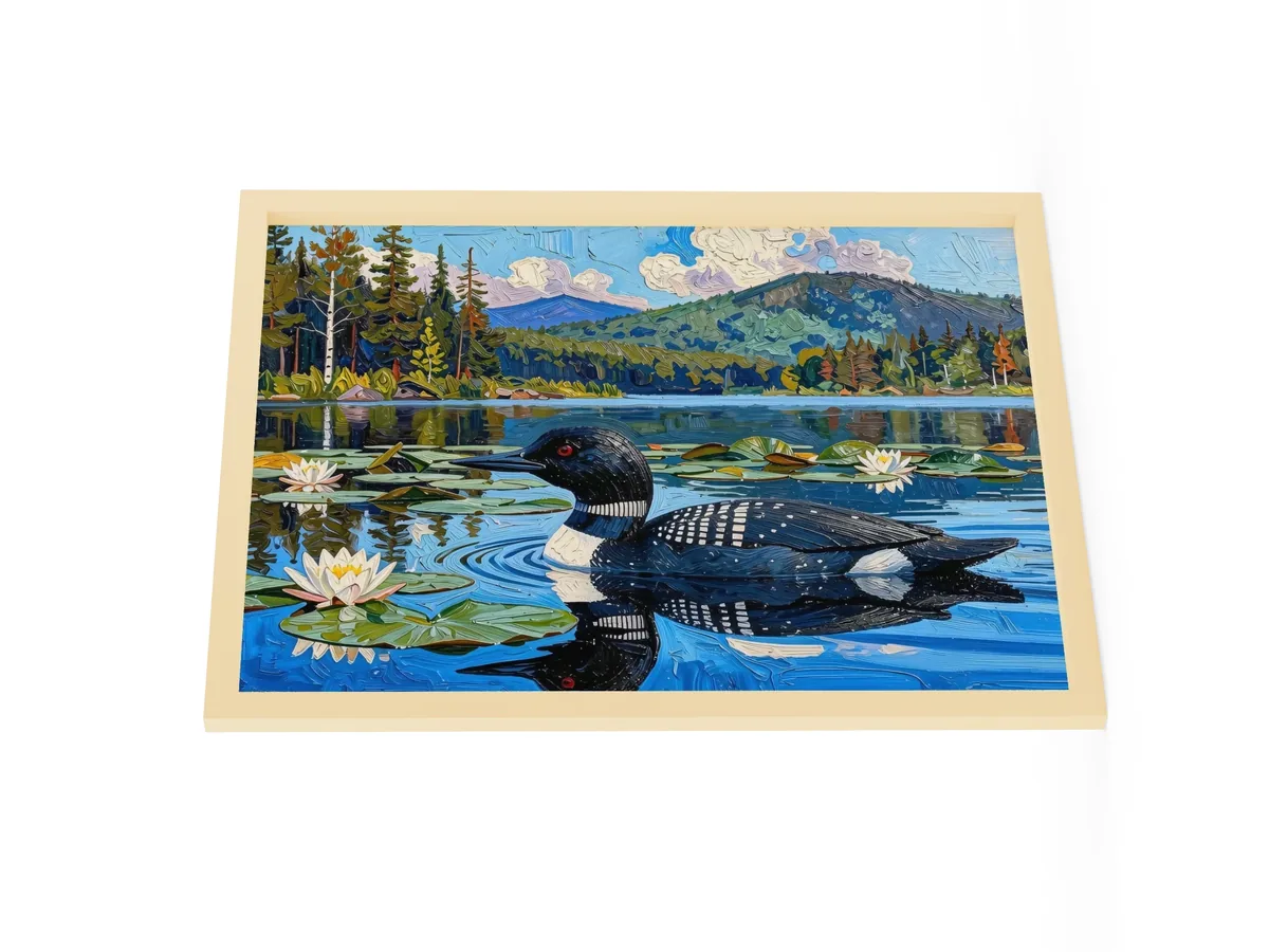 Loon in the Lily Pads as an 18 by 24 inch framed print in a natural wood frame: a common loon swimming among lily pads and white water lilies on a blue Adirondack lake, in bold oil-painting brushstrokes.