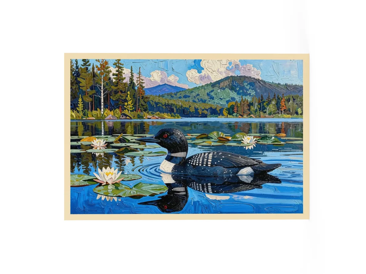 Loon in the Lily Pads as a 24 by 36 inch framed print in a natural wood frame: a common loon swimming among lily pads and white water lilies on a blue Adirondack lake, in bold oil-painting brushstrokes.