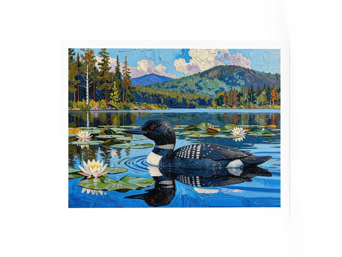 Loon in the Lily Pads as an 18 by 24 inch framed print in a white frame: a common loon swimming among lily pads and white water lilies on a blue Adirondack lake, in bold oil-painting brushstrokes.