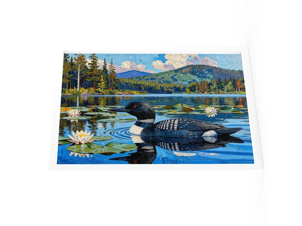Loon in the Lily Pads as an 18 by 24 inch framed print in a white frame: a common loon swimming among lily pads and white water lilies on a blue Adirondack lake, in bold oil-painting brushstrokes.