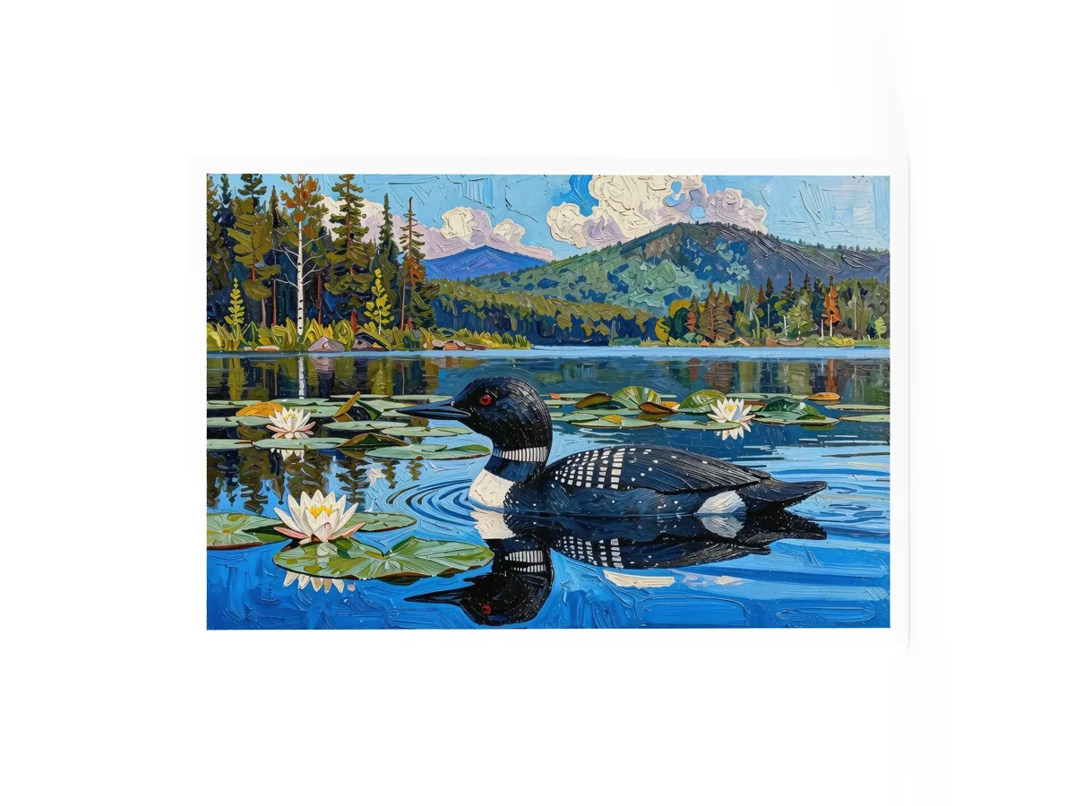 Loon in the Lily Pads as a 24 by 36 inch framed print in a white frame: a common loon swimming among lily pads and white water lilies on a blue Adirondack lake, in bold oil-painting brushstrokes.