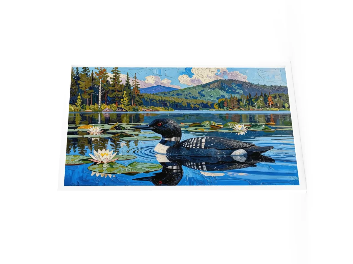 Loon in the Lily Pads as a 24 by 36 inch framed print in a white frame: a common loon swimming among lily pads and white water lilies on a blue Adirondack lake, in bold oil-painting brushstrokes.