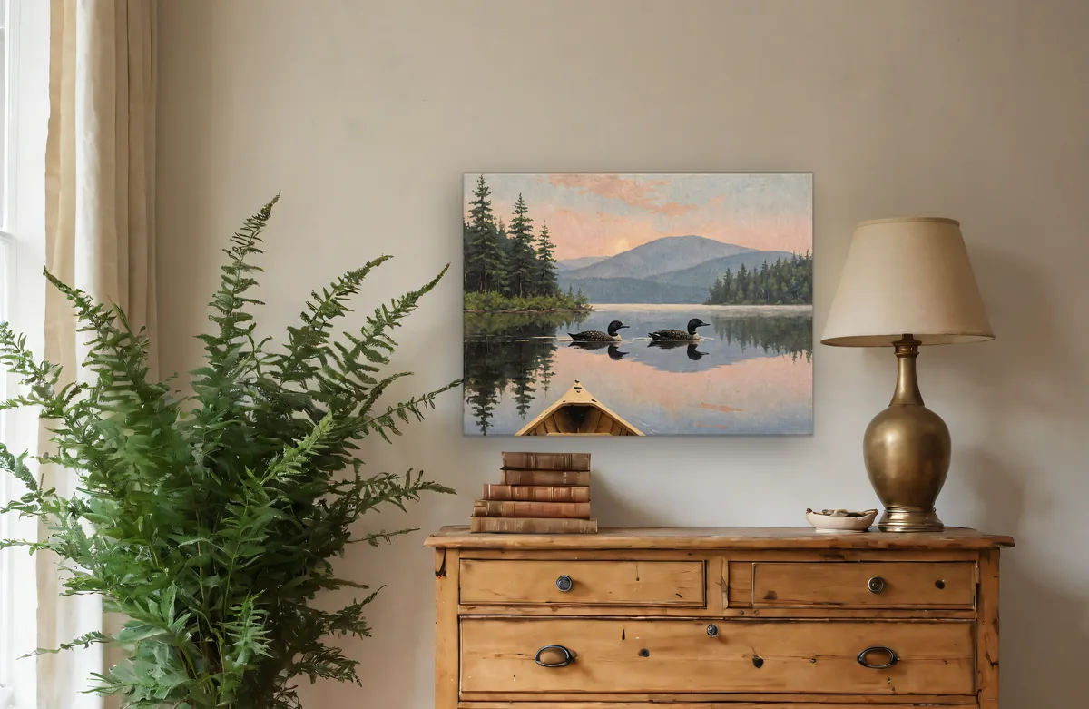 An 18 by 24 inch canvas of the loon painting, hung the wide way, above a pine dresser. Shown in a rendered room.