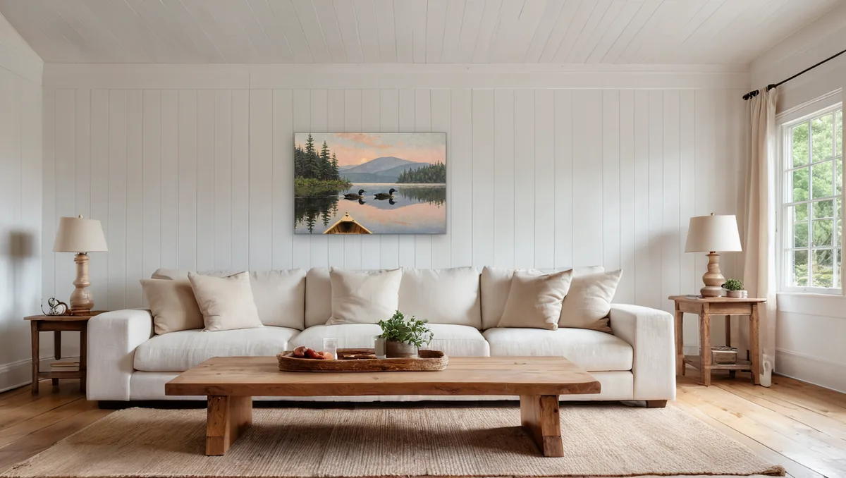 A 24 by 36 inch canvas of the loon painting, hung the wide way, above a linen sofa. Shown in a rendered room.
