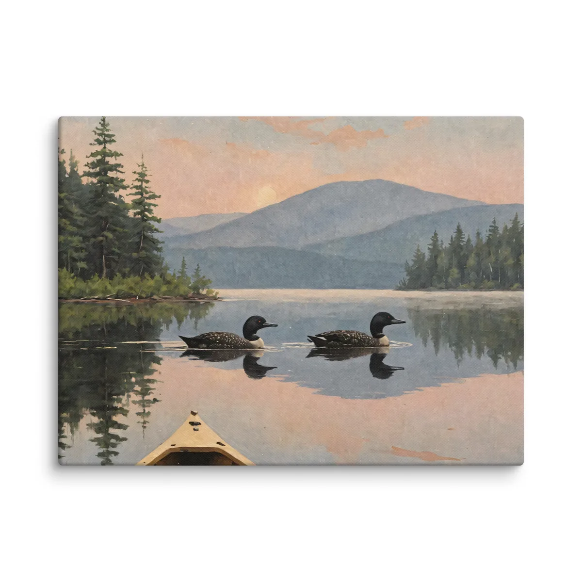 Loon Pair at Sunrise as a 12 by 16 inch canvas: two common loons swimming side by side across a still Adirondack lake at sunrise, seen from the bow of a wooden canoe, with spruce shores, a blue mountain and a peach-pink sky doubled in the water, in soft, traditional oil brushwork.
