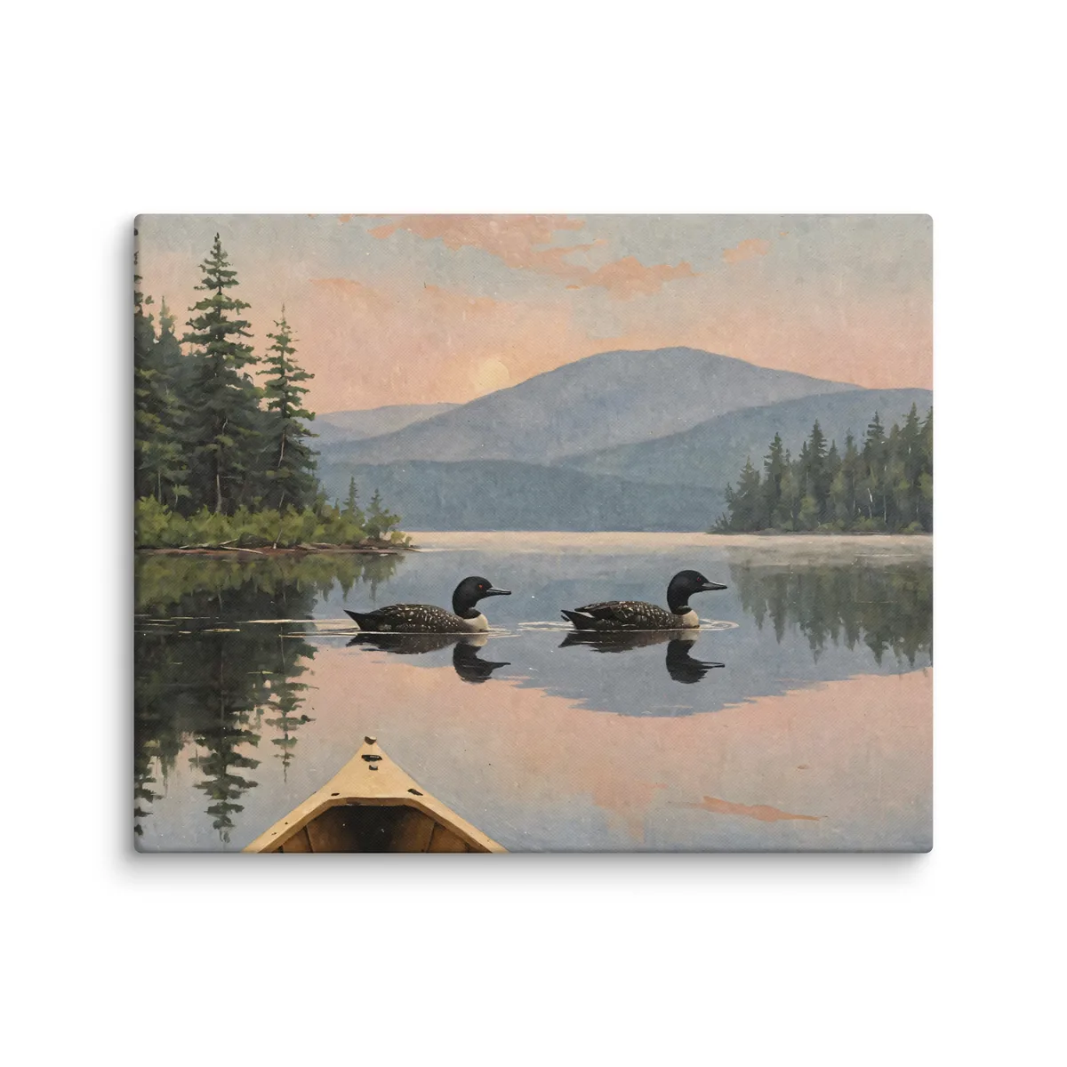 Loon Pair at Sunrise as a 16 by 20 inch canvas: two common loons swimming side by side across a still Adirondack lake at sunrise, seen from the bow of a wooden canoe, with spruce shores, a blue mountain and a peach-pink sky doubled in the water, in soft, traditional oil brushwork.