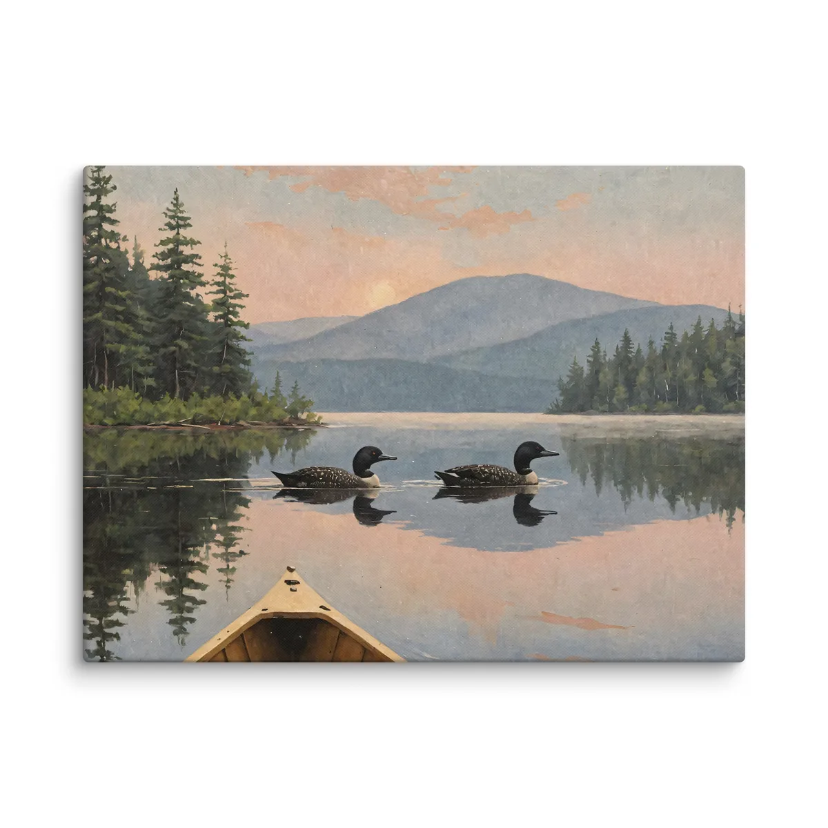 Loon Pair at Sunrise as an 18 by 24 inch canvas: two common loons swimming side by side across a still Adirondack lake at sunrise, seen from the bow of a wooden canoe, with spruce shores, a blue mountain and a peach-pink sky doubled in the water, in soft, traditional oil brushwork.