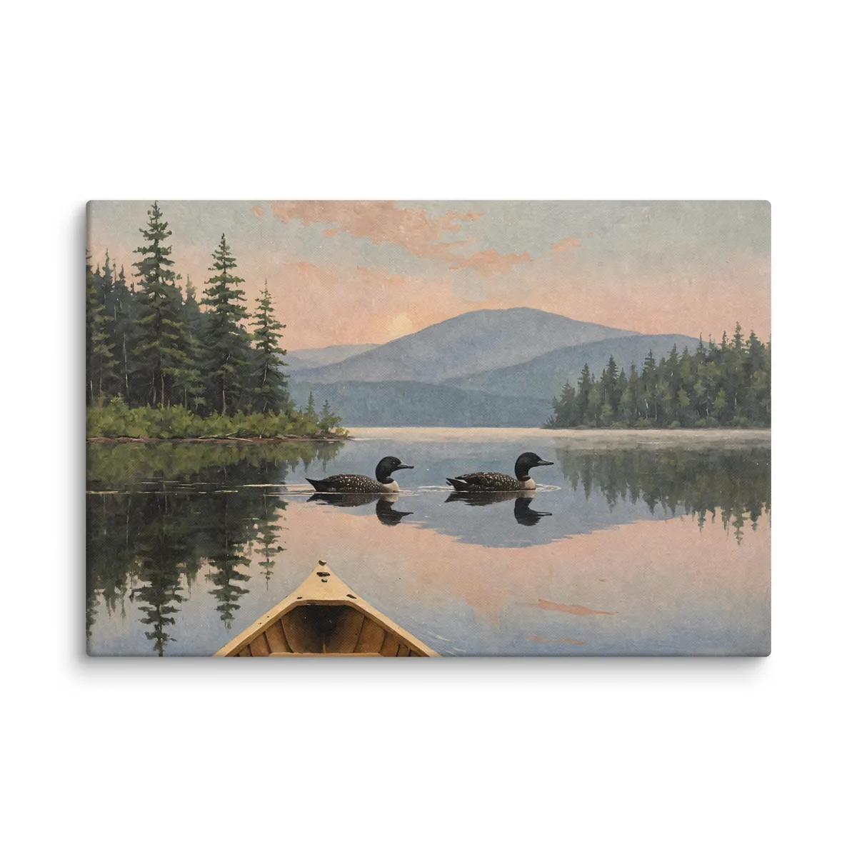 Loon Pair at Sunrise as a 24 by 36 inch canvas: two common loons swimming side by side across a still Adirondack lake at sunrise, seen from the bow of a wooden canoe, with spruce shores, a blue mountain and a peach-pink sky doubled in the water, in soft, traditional oil brushwork.