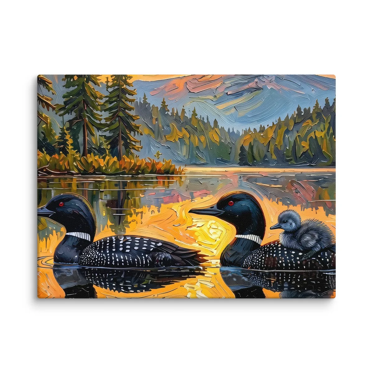 Loon Pair with Chick as a 12 by 16 inch canvas: two common loons on a still lake at sunrise, one carrying its chick on its back, in bold oil-painting brushstrokes.