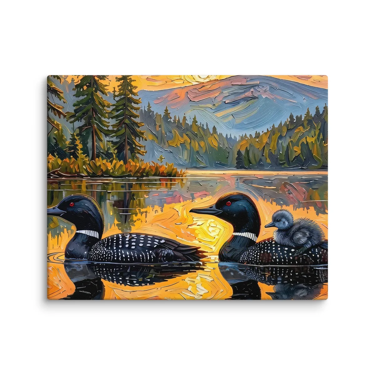 Loon Pair with Chick as a canvas: two common loons on a still lake at sunrise, one carrying its chick on its back, in bold oil-painting brushstrokes.