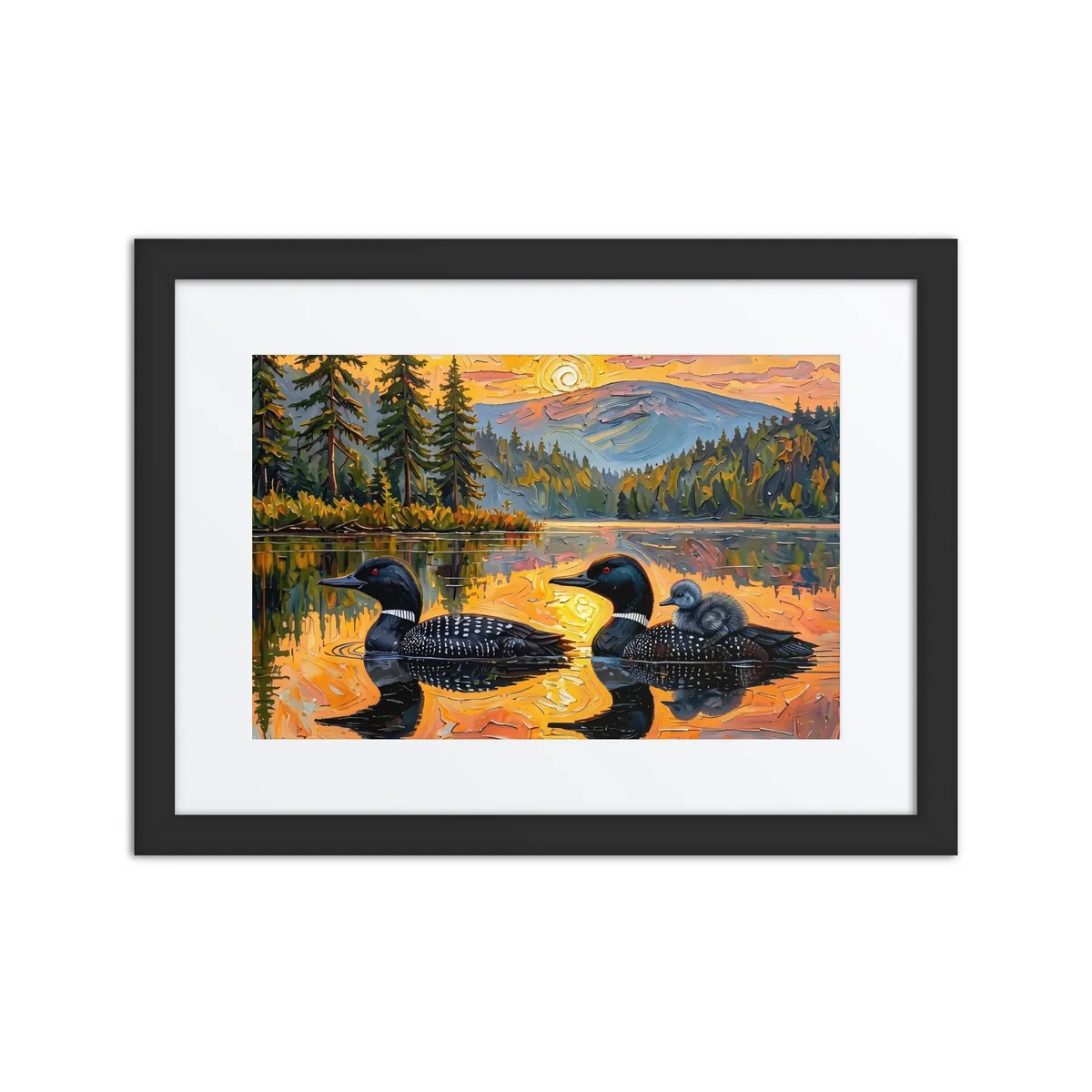 Loon Pair with Chick as a framed print in a black frame: two common loons on a still lake at sunrise, one carrying its chick on its back, in bold oil-painting brushstrokes.