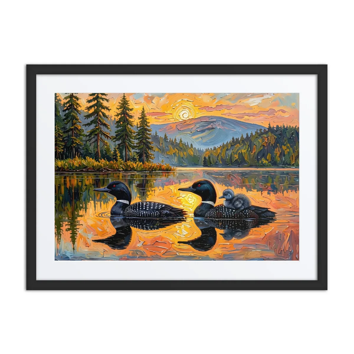 Loon Pair with Chick as a framed print in a black frame: two common loons on a still lake at sunrise, one carrying its chick on its back, in bold oil-painting brushstrokes.