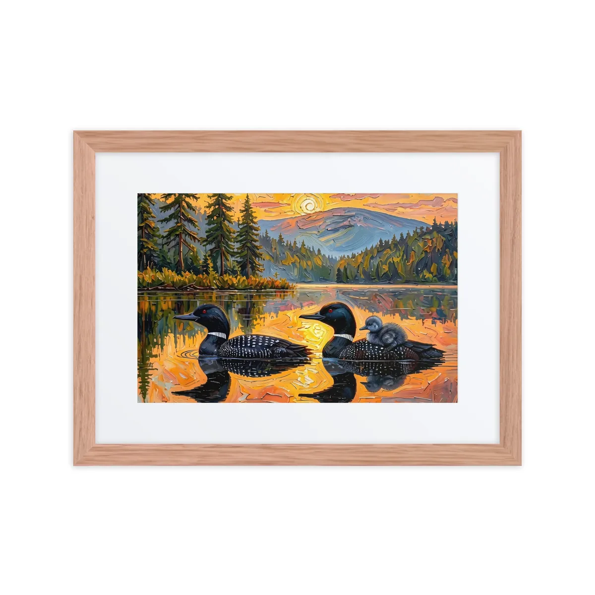 Loon Pair with Chick as a framed print in a natural wood frame: two common loons on a still lake at sunrise, one carrying its chick on its back, in bold oil-painting brushstrokes.