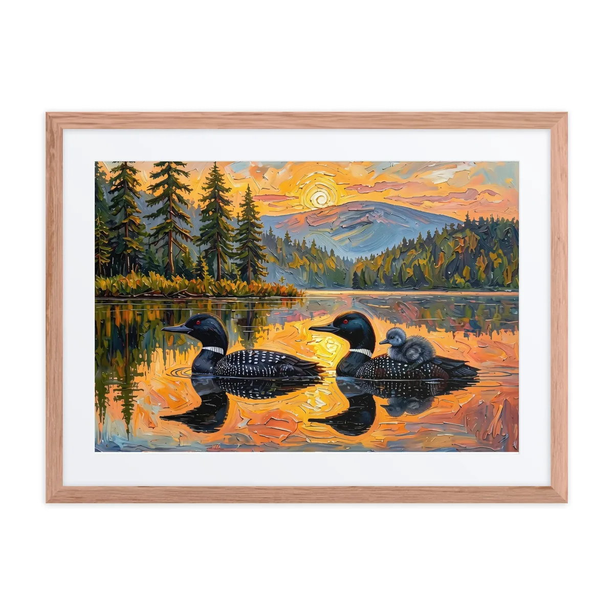 Loon Pair with Chick as a framed print in a natural wood frame: two common loons on a still lake at sunrise, one carrying its chick on its back, in bold oil-painting brushstrokes.