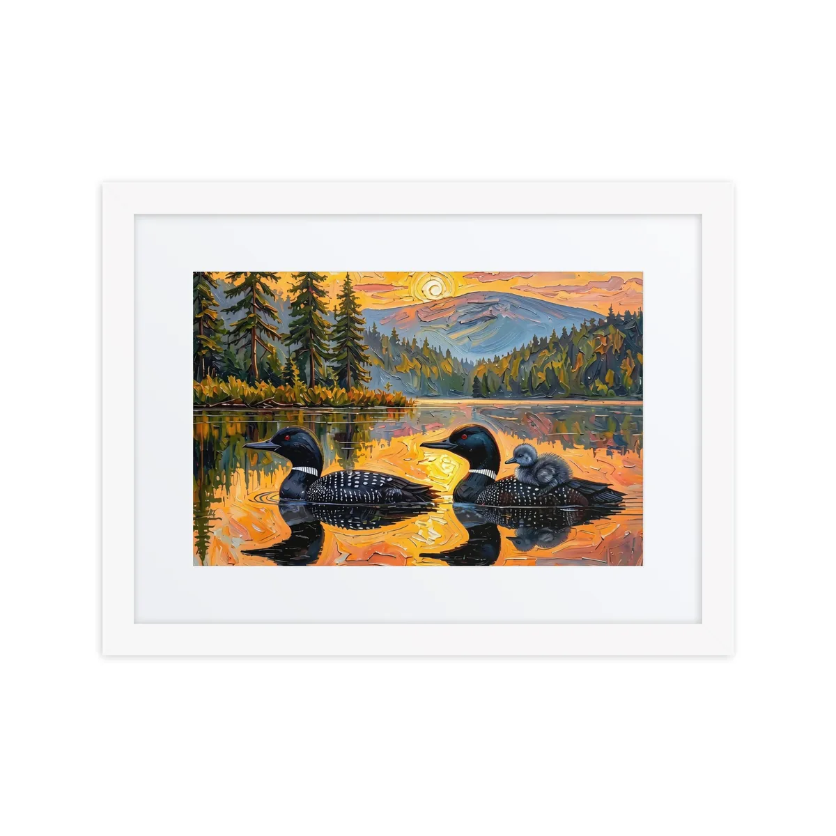 Loon Pair with Chick as a framed print in a white frame: two common loons on a still lake at sunrise, one carrying its chick on its back, in bold oil-painting brushstrokes.