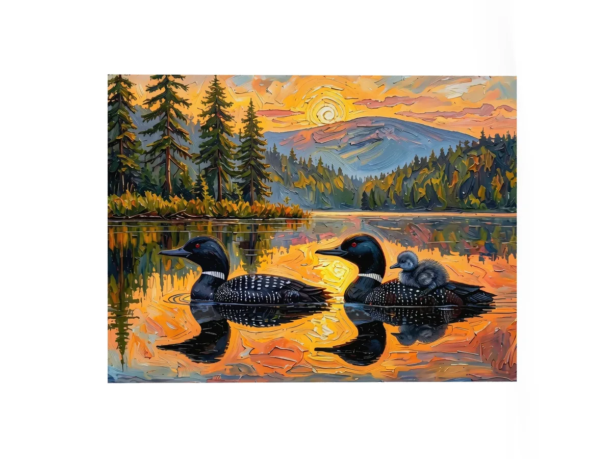 Loon Pair with Chick as a poster: two common loons on a still lake at sunrise, one carrying its chick on its back, in bold oil-painting brushstrokes.