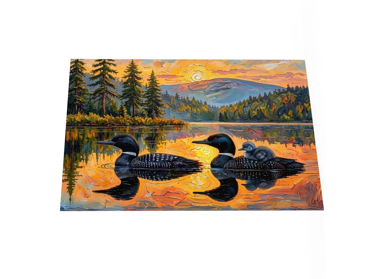 Loon Pair with Chick as a poster: two common loons on a still lake at sunrise, one carrying its chick on its back, in bold oil-painting brushstrokes.