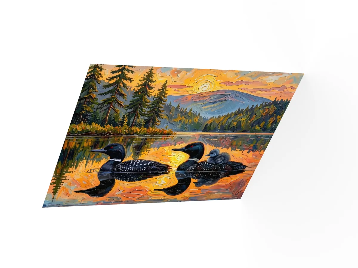 Loon Pair with Chick as a poster: two common loons on a still lake at sunrise, one carrying its chick on its back, in bold oil-painting brushstrokes.