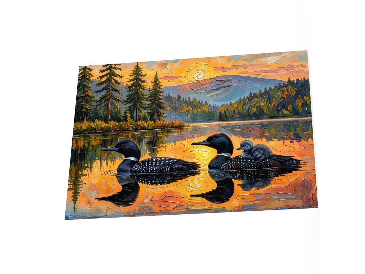 Loon Pair with Chick as a poster: two common loons on a still lake at sunrise, one carrying its chick on its back, in bold oil-painting brushstrokes.