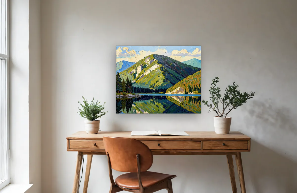 A 16 by 20 inch canvas of the mountain painting, hung the wide way, above a wooden desk. Shown in a rendered room.