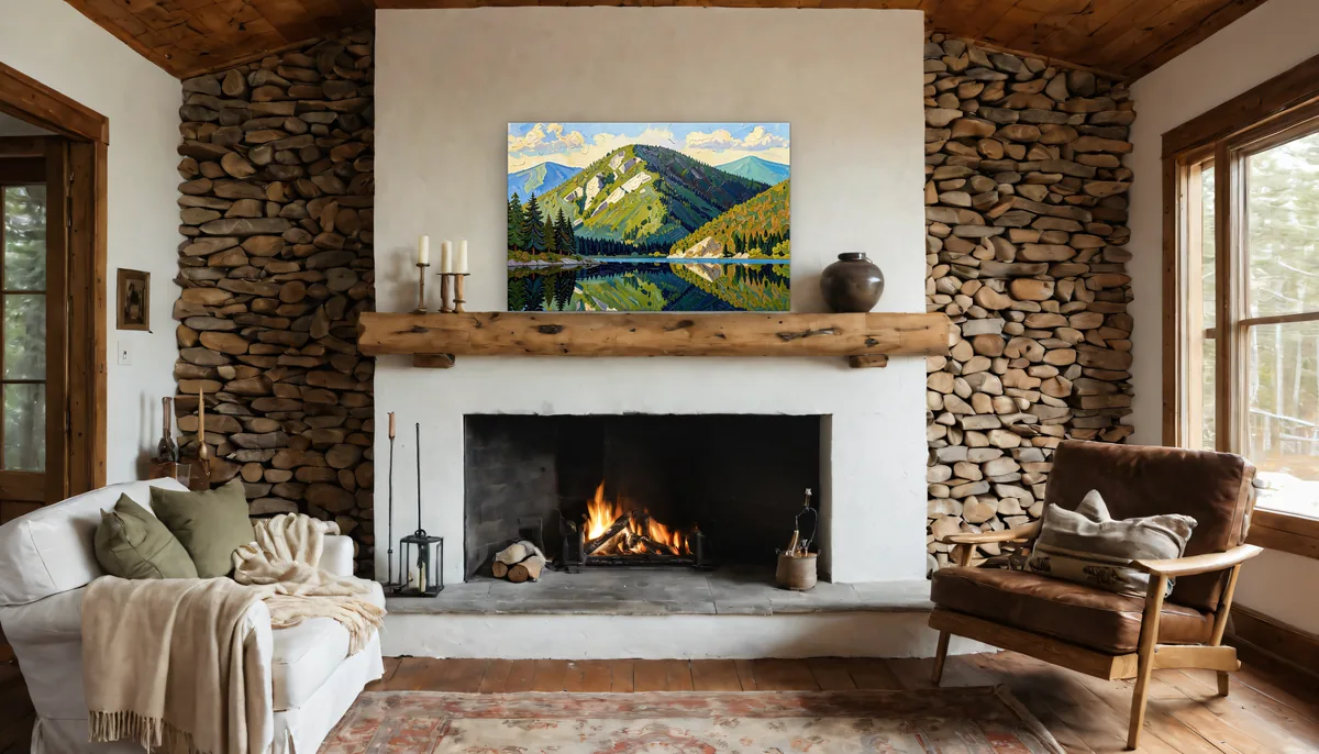 A 24 by 36 inch canvas of the mountain painting, hung the wide way, on a log mantel above a stone fireplace. Shown in a rendered room.