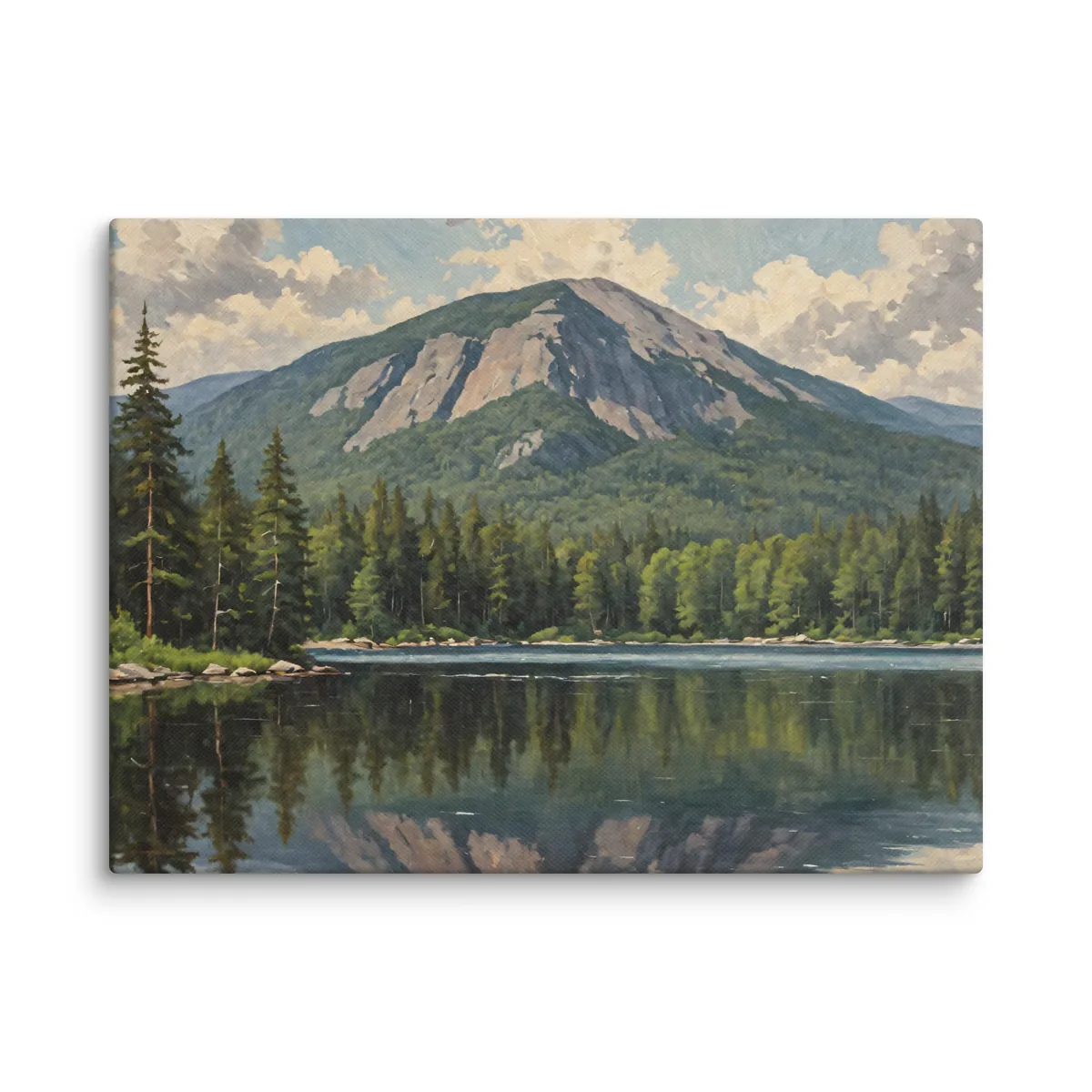 Mountain Across the Lake as a 12 by 16 inch canvas: a forested mountain with pale rock slides across a still lake on a summer day, the slides and clouds reflected in the water, with spruce along the near shore, in soft, traditional oil brushwork.