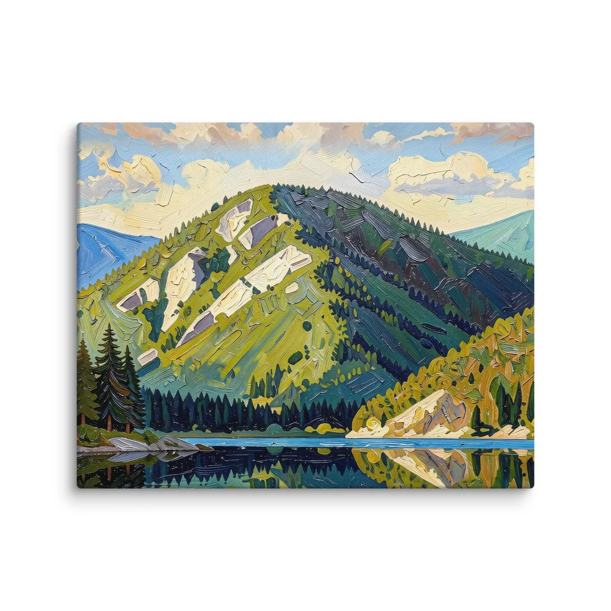 Mountain Across the Lake as a canvas: a forested mountain with pale rock slides reflected in a still lake, in bold oil-painting brushstrokes.