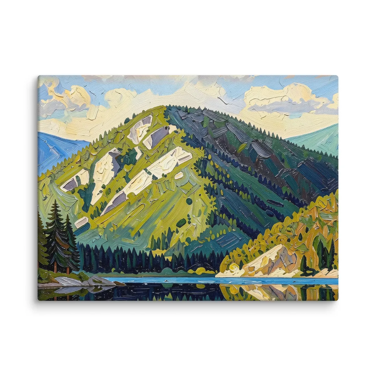 Mountain Across the Lake as a canvas: a forested mountain with pale rock slides reflected in a still lake, in bold oil-painting brushstrokes.
