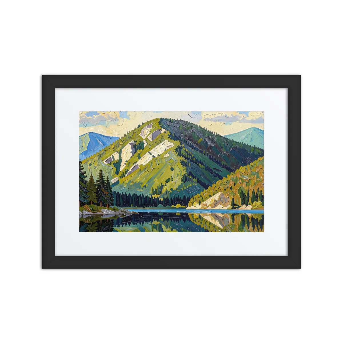 Mountain Across the Lake as a framed print in a black frame: a forested mountain with pale rock slides reflected in a still lake, in bold oil-painting brushstrokes.
