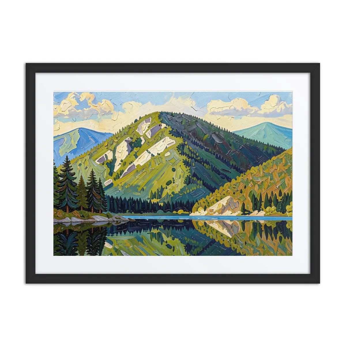 Mountain Across the Lake as a framed print in a black frame: a forested mountain with pale rock slides reflected in a still lake, in bold oil-painting brushstrokes.