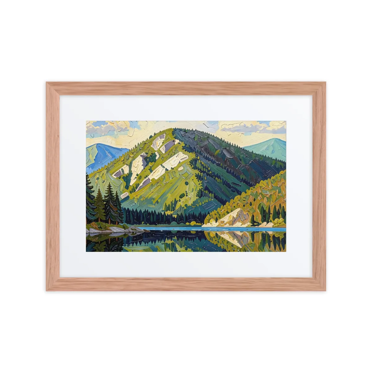 Mountain Across the Lake as a framed print in a natural wood frame: a forested mountain with pale rock slides reflected in a still lake, in bold oil-painting brushstrokes.