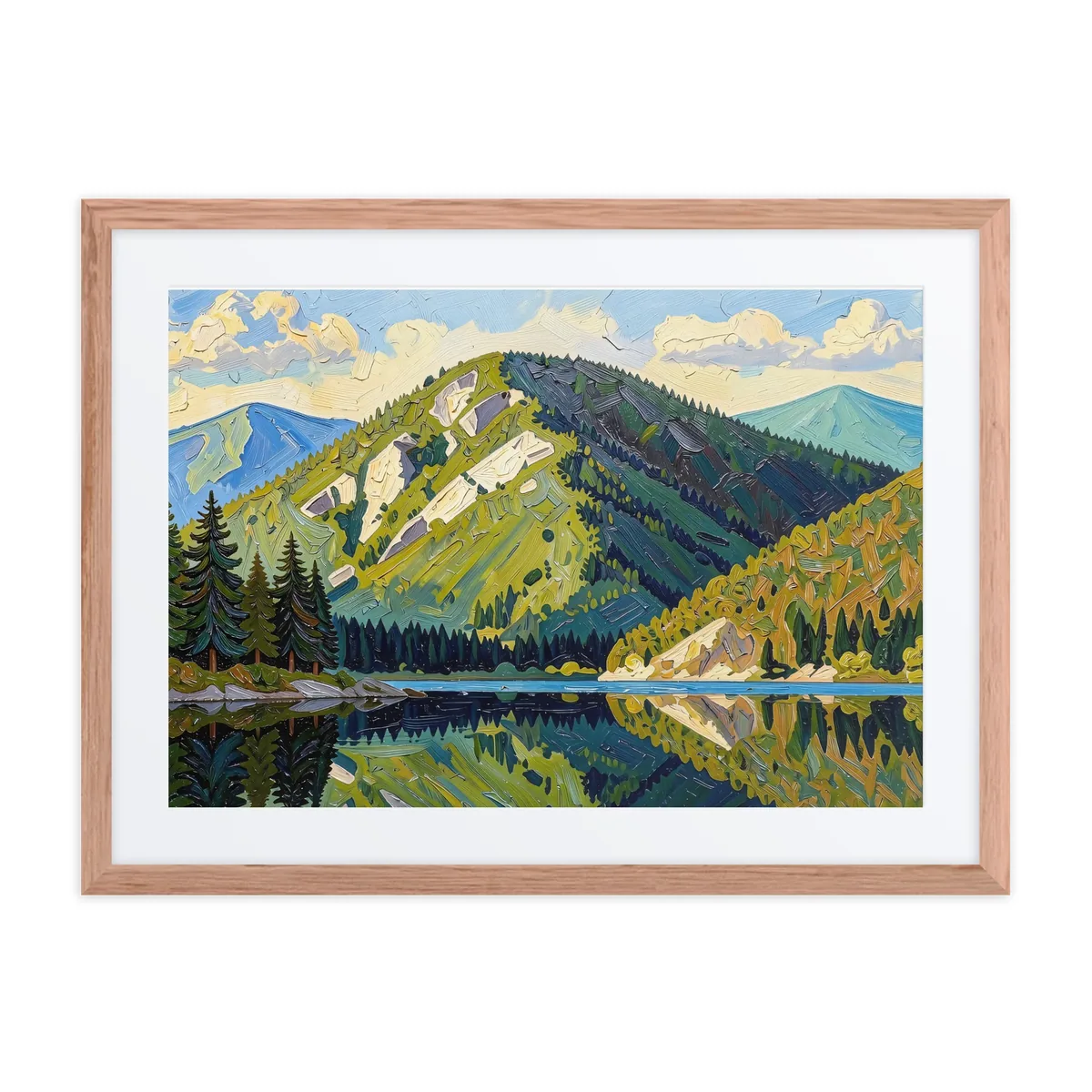 Mountain Across the Lake as a framed print in a natural wood frame: a forested mountain with pale rock slides reflected in a still lake, in bold oil-painting brushstrokes.