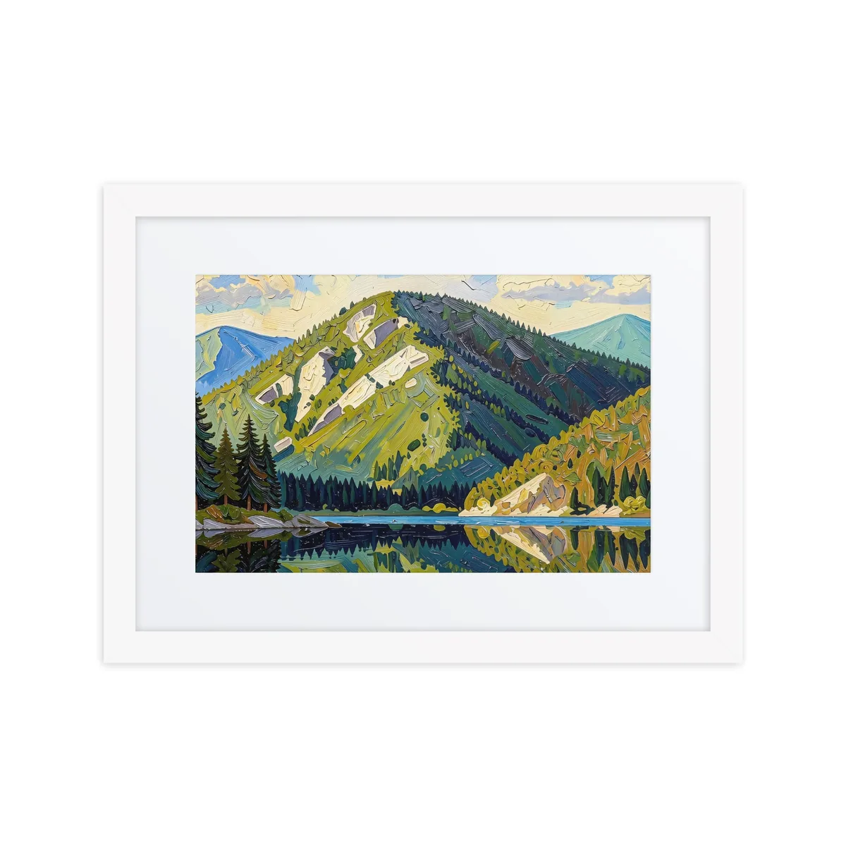 Mountain Across the Lake as a framed print in a white frame: a forested mountain with pale rock slides reflected in a still lake, in bold oil-painting brushstrokes.