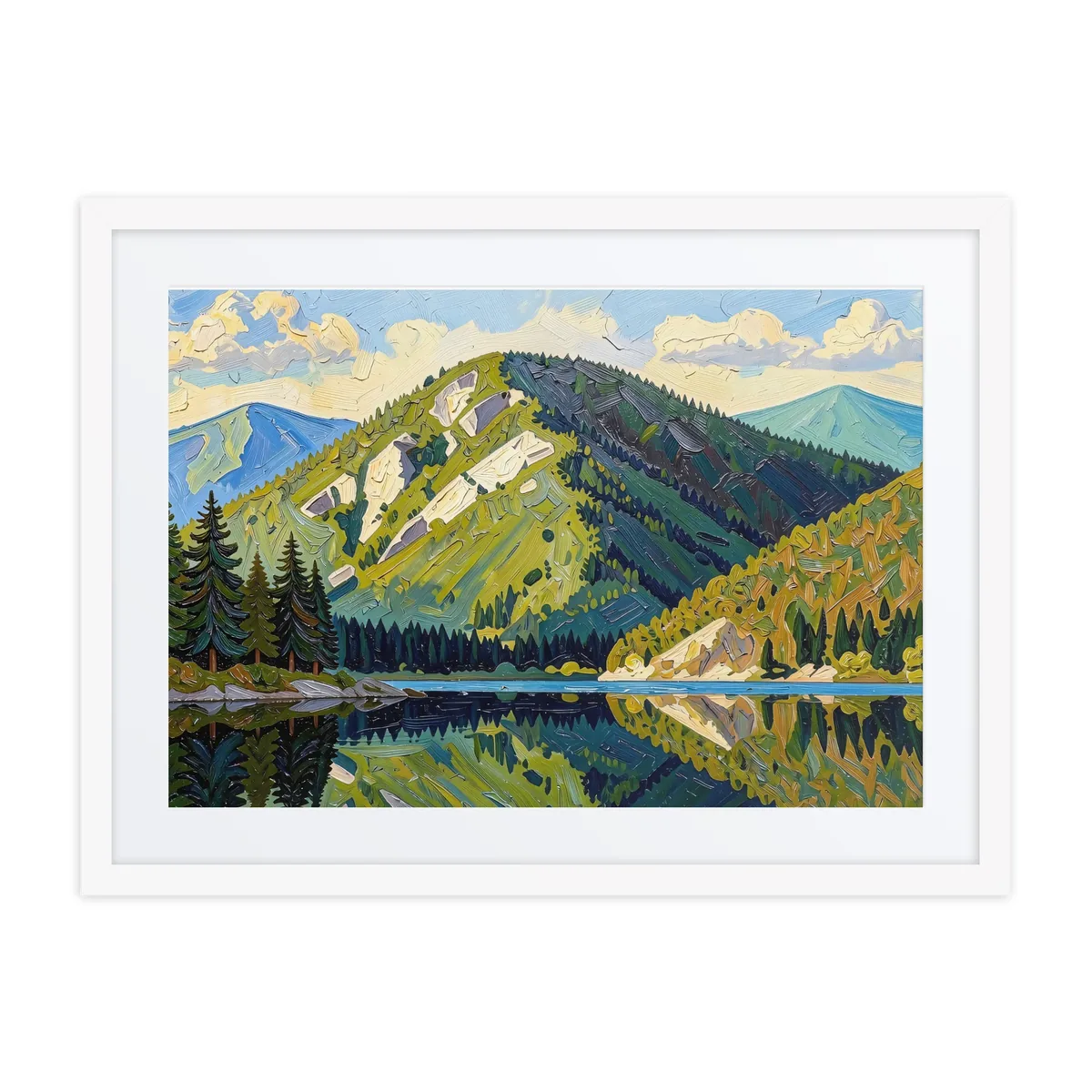 Mountain Across the Lake as a framed print in a white frame: a forested mountain with pale rock slides reflected in a still lake, in bold oil-painting brushstrokes.