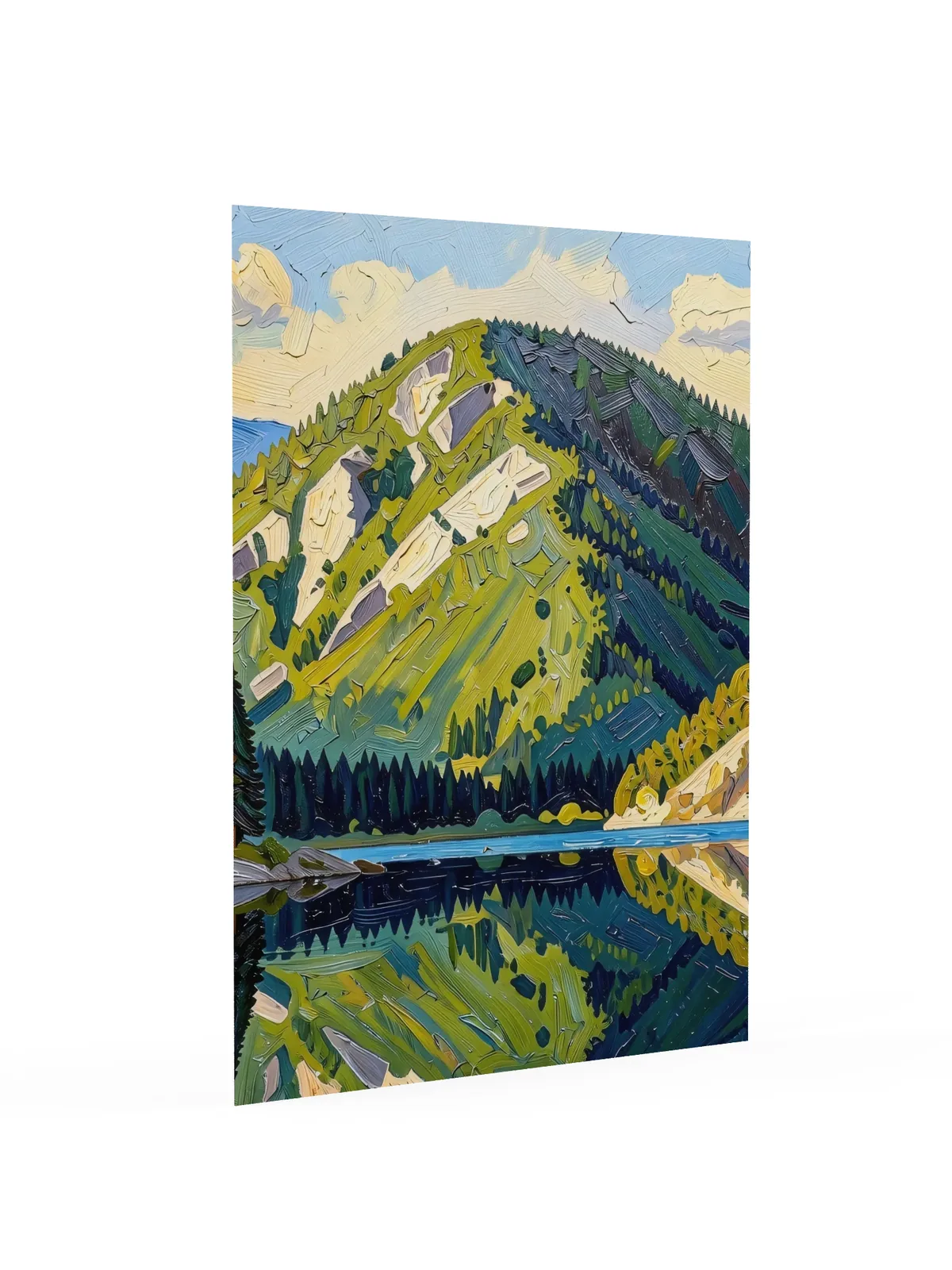 Mountain Across the Lake as a poster: a forested mountain with pale rock slides reflected in a still lake, in bold oil-painting brushstrokes.